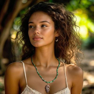 Alternate image for Aventurine Taxco Silver Leaf Choker and Pendant Necklace Verdant Leaf
