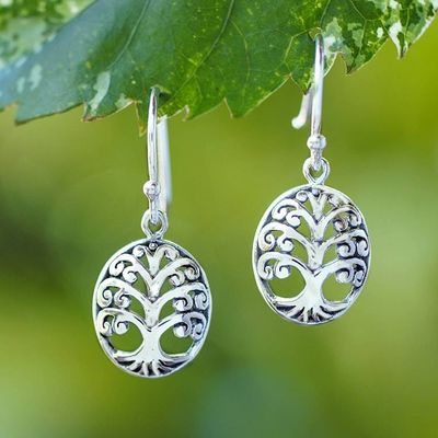 Primary image for Tree of Life-Themed Oval Sterling Silver Dangle Earrings Memory of Nature