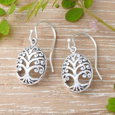 Alternate image for Tree of Life-Themed Oval Sterling Silver Dangle Earrings Memory of Nature