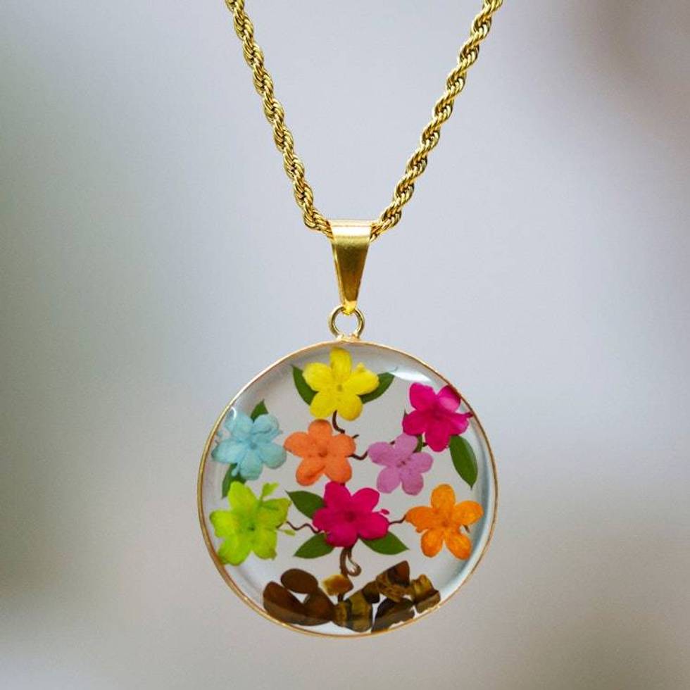 Colorful 24k Gold-Accented Natural Flower Pendant Necklace 'My Season'