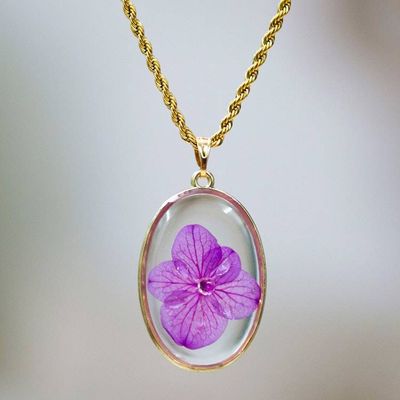 Primary image for Purple Hydrangea Flower Resin Necklace with 24k Gold Plating Ethereal Emotions