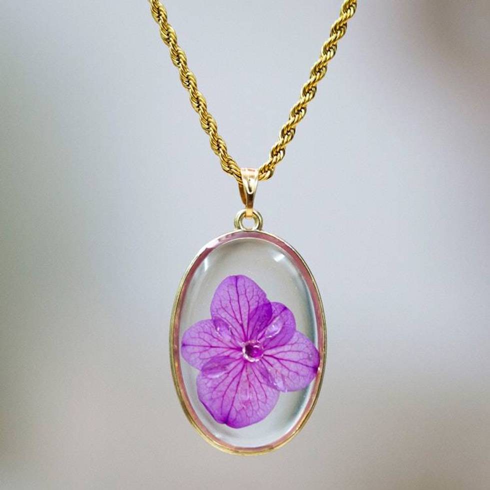 Purple Hydrangea Flower Resin Necklace with 24k Gold Plating 'Ethereal Emotions'