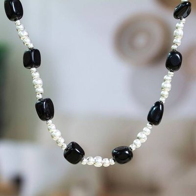 Primary image for Taxco Silver Beaded Station Necklace with Natural Black Onyx Exquisite Black