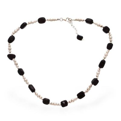 Alternate image for Taxco Silver Beaded Station Necklace with Natural Black Onyx Exquisite Black