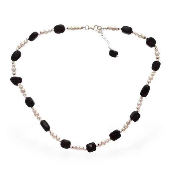Alternate image for Taxco Silver Beaded Station Necklace with Natural Black Onyx Exquisite Black