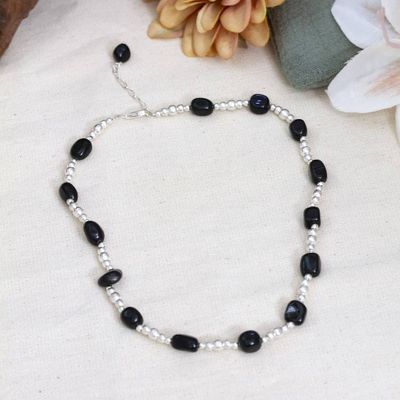 Alternate image for Taxco Silver Beaded Station Necklace with Natural Black Onyx Exquisite Black