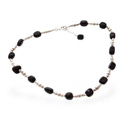 Alternate image for Taxco Silver Beaded Station Necklace with Natural Black Onyx Exquisite Black