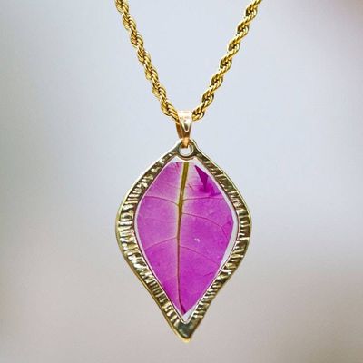 Primary image for Natural Fuchsia Petal Pendant Necklace Bathed in 24k Gold Capricious Nature