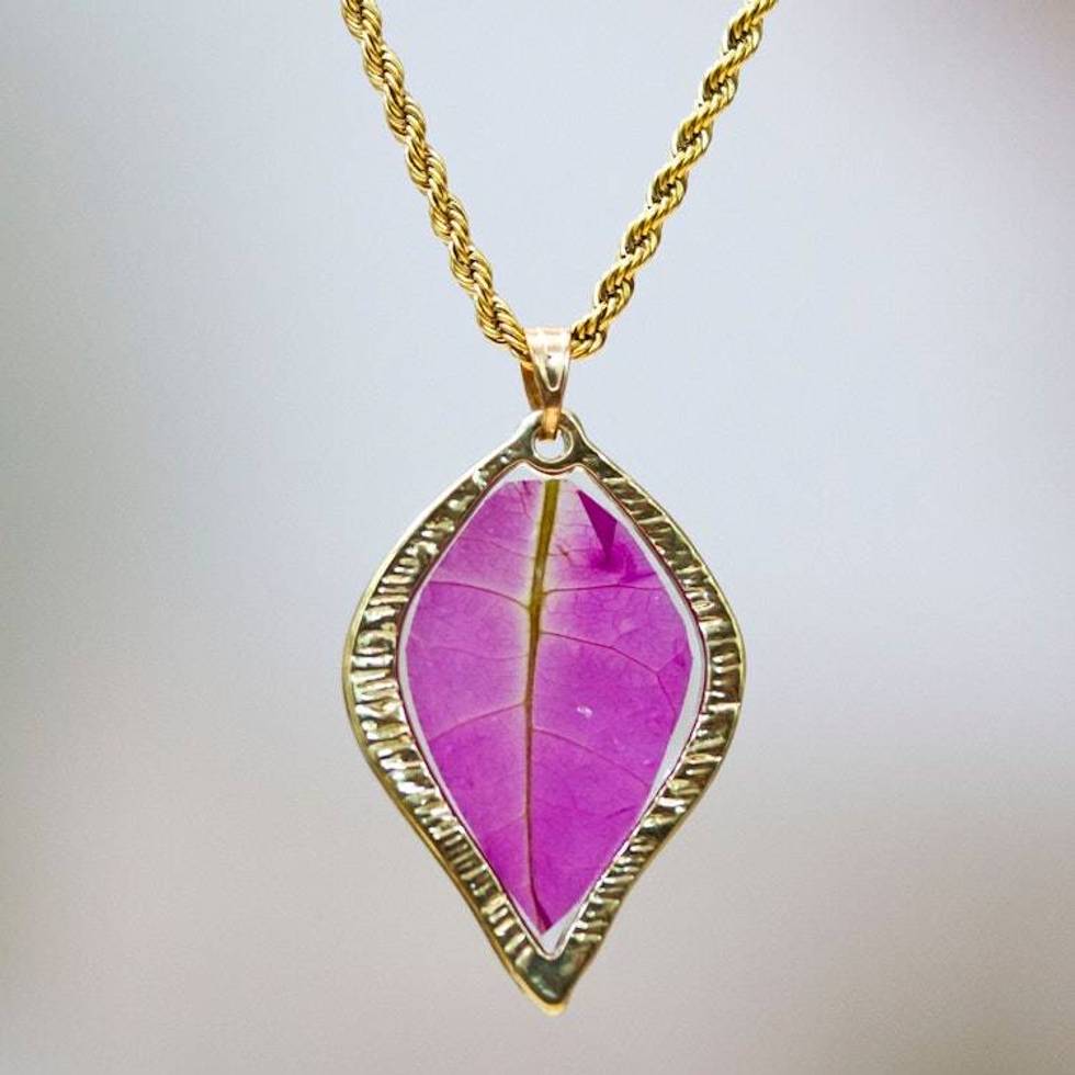 Natural Fuchsia Petal Pendant Necklace Bathed in 24k Gold 'Capricious Nature'