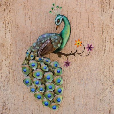 Primary image for Artisan Crafted Steel Peacock Wall Sculpture from Mexico Flaunting Peacock