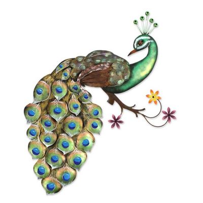 Alternate image for Artisan Crafted Steel Peacock Wall Sculpture from Mexico Flaunting Peacock
