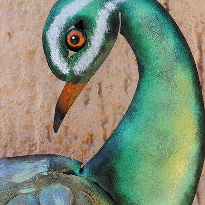 Alternate image for Artisan Crafted Steel Peacock Wall Sculpture from Mexico Flaunting Peacock
