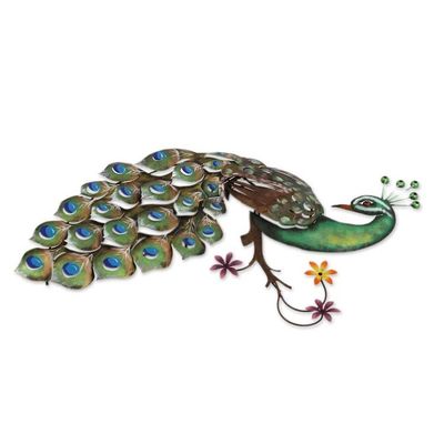 Alternate image for Artisan Crafted Steel Peacock Wall Sculpture from Mexico Flaunting Peacock