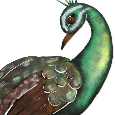 Alternate image for Artisan Crafted Steel Peacock Wall Sculpture from Mexico Flaunting Peacock