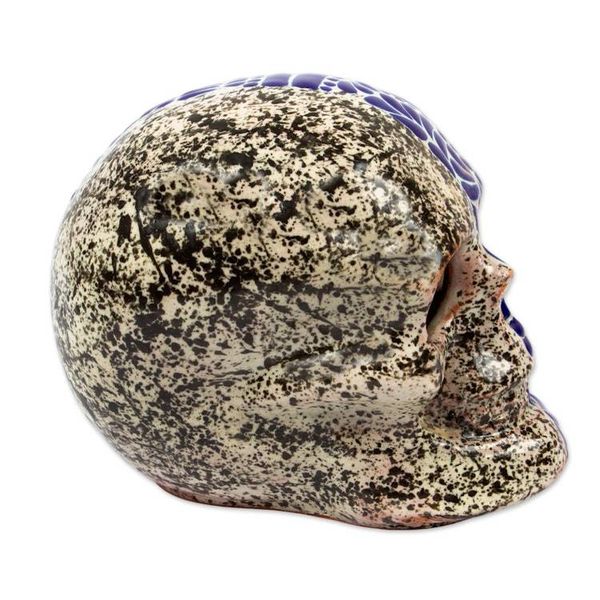 Alternate image for Handmade Talavera Style Two-Sided Skull Sculpture Skull Dichotomy