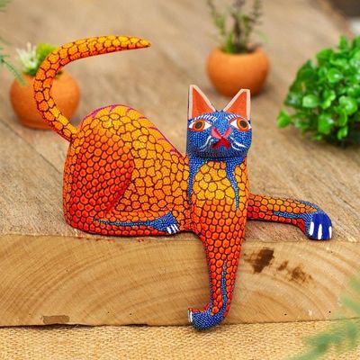 Primary image for Blue and Gold Copal Wood Cat Alebrije from Oaxaca My Domain in Gold