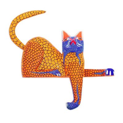 Alternate image for Blue and Gold Copal Wood Cat Alebrije from Oaxaca My Domain in Gold