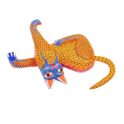 Alternate image for Blue and Gold Copal Wood Cat Alebrije from Oaxaca My Domain in Gold