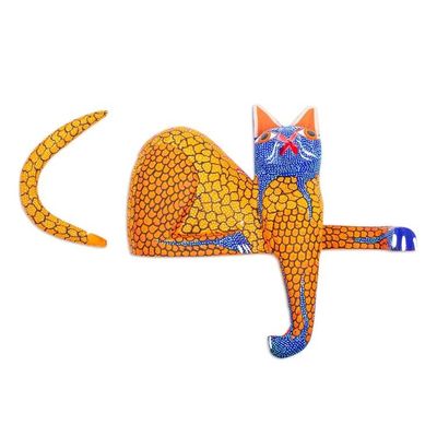 Alternate image for Blue and Gold Copal Wood Cat Alebrije from Oaxaca My Domain in Gold