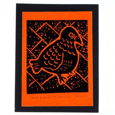 Alternate image for Traditional Animal-Themed Wood Block Print in Orange Such Big Eyes For a Pigeon III