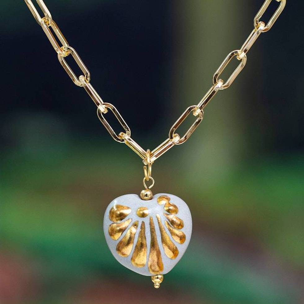 Romantic Talavera-Inspired Gold-Accented Pendant Necklace 'Heartfelt Caress'