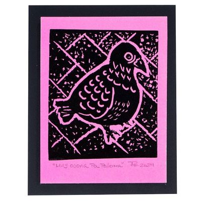 Alternate image for Traditional Animal-Themed Wood Block Print in Pink Such Big Eyes For a Pigeon II