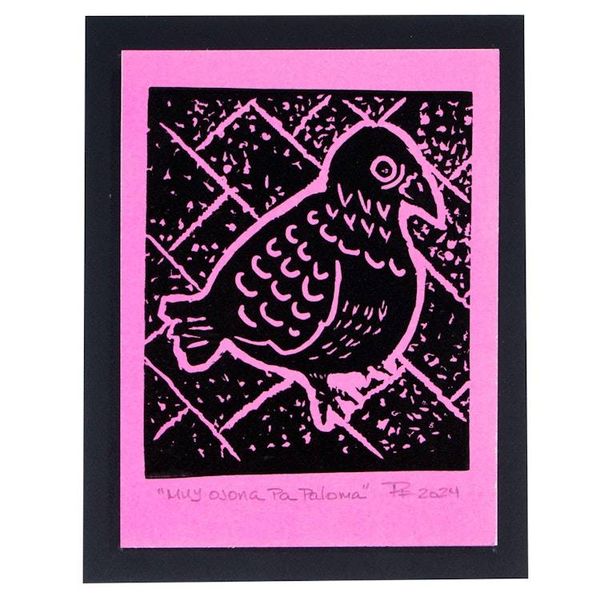 Alternate image for Traditional Animal-Themed Wood Block Print in Pink Such Big Eyes For a Pigeon II
