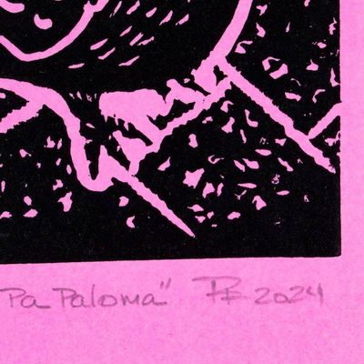 Alternate image for Traditional Animal-Themed Wood Block Print in Pink Such Big Eyes For a Pigeon II