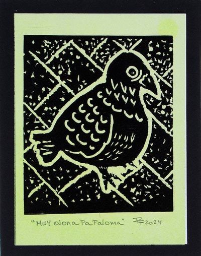 Alternate image for Traditional Animal-Themed Wood Block Print in Green Such Big Eyes For a Pigeon I