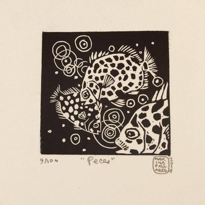 Primary image for Mexico Sea Life 4-Inch Signed Linoleum Block Print Fish
