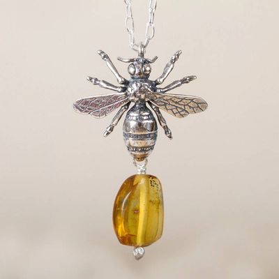 Alternate image for Bee-Themed Amber Pendant Necklace from Mexico Worker Bee