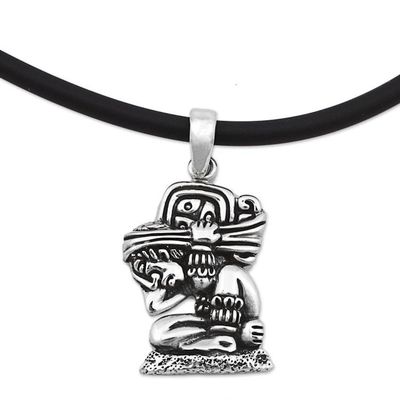 Alternate image for Mayan Glyph Sterling Silver Necklace with a Rubber Cord The Carrier of Time
