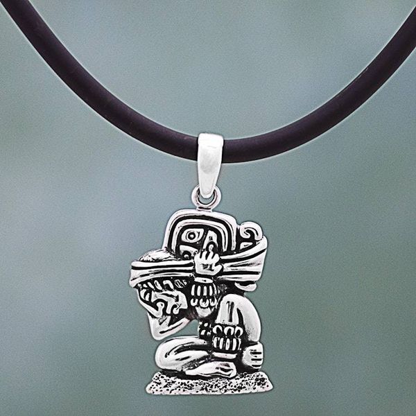 Alternate image for Mayan Glyph Sterling Silver Necklace with a Rubber Cord The Carrier of Time
