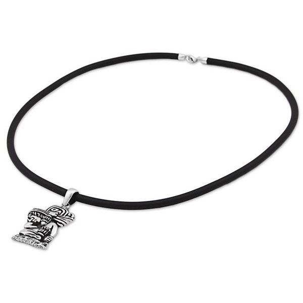 Alternate image for Mayan Glyph Sterling Silver Necklace with a Rubber Cord The Carrier of Time