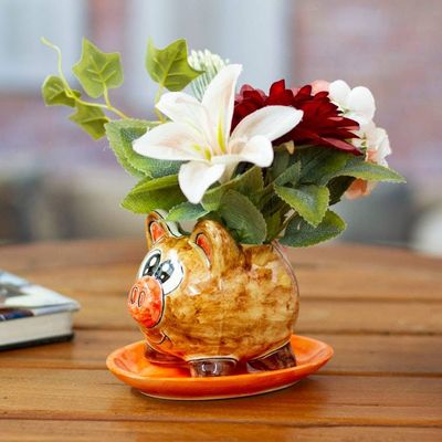 Alternate image for Pig-Shaped Hand-Painted Ceramic Mini Planter with Saucer Piggy Garden