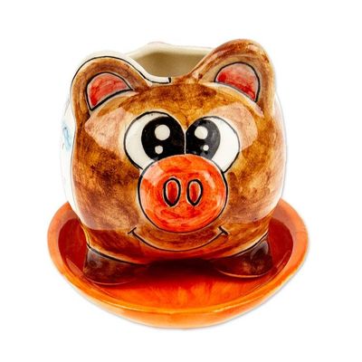 Alternate image for Pig-Shaped Hand-Painted Ceramic Mini Planter with Saucer Piggy Garden