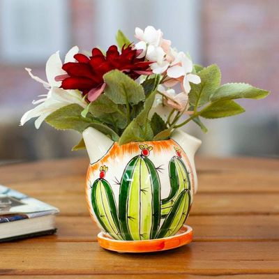 Alternate image for Coffee Pot-Shaped Ceramic Cactus Mini Planter with Saucer Cactus Splendor