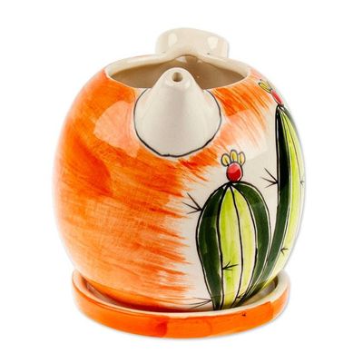 Alternate image for Coffee Pot-Shaped Ceramic Cactus Mini Planter with Saucer Cactus Splendor