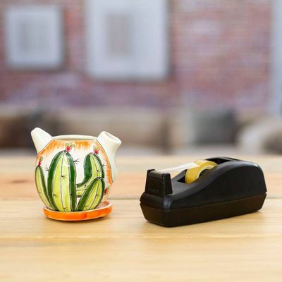 Alternate image for Coffee Pot-Shaped Ceramic Cactus Mini Planter with Saucer Cactus Splendor