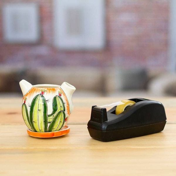 Alternate image for Coffee Pot-Shaped Ceramic Cactus Mini Planter with Saucer Cactus Splendor