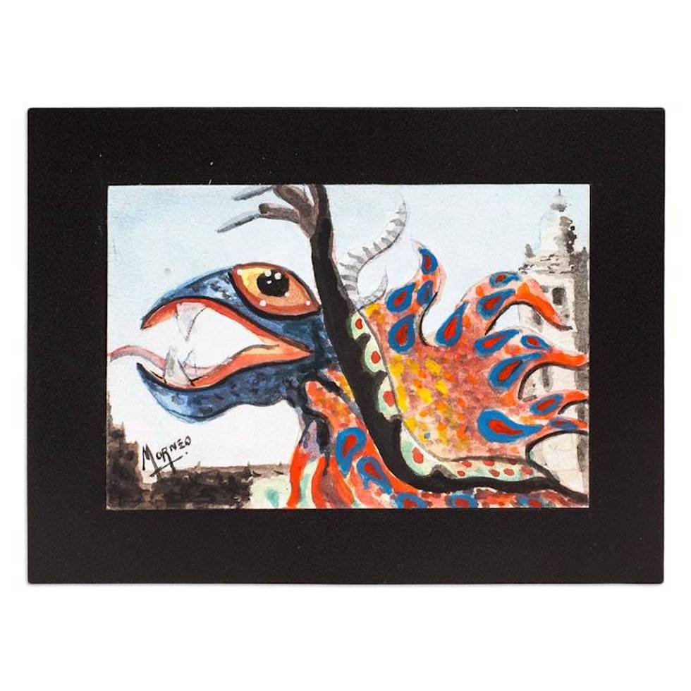 Traditional Red and Blue Watercolor Alebrije Dragon Painting 'Fire Dragon Alebrije'