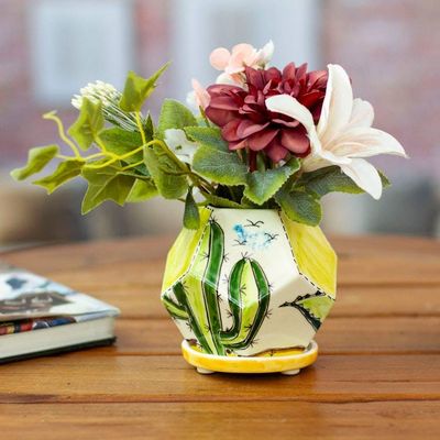 Alternate image for Hexagonal Cactus-Themed Ceramic Mini Planter with Saucer Cactus Geometry