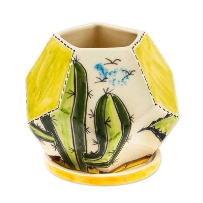 Alternate image for Hexagonal Cactus-Themed Ceramic Mini Planter with Saucer Cactus Geometry