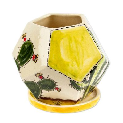 Alternate image for Hexagonal Cactus-Themed Ceramic Mini Planter with Saucer Cactus Geometry