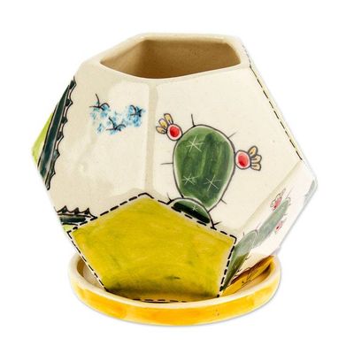 Alternate image for Hexagonal Cactus-Themed Ceramic Mini Planter with Saucer Cactus Geometry