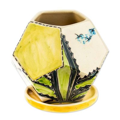 Alternate image for Hexagonal Cactus-Themed Ceramic Mini Planter with Saucer Cactus Geometry