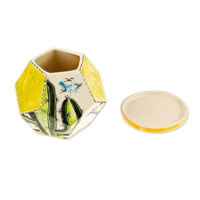Alternate image for Hexagonal Cactus-Themed Ceramic Mini Planter with Saucer Cactus Geometry