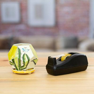 Alternate image for Hexagonal Cactus-Themed Ceramic Mini Planter with Saucer Cactus Geometry