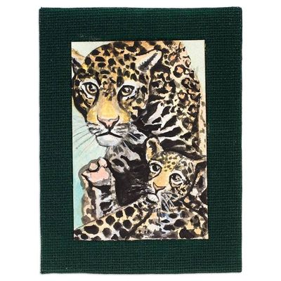 Primary image for Stretched Signed Impressionist Watercolor Jaguar Painting Jaguar and Cub