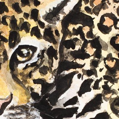 Alternate image for Stretched Signed Impressionist Watercolor Jaguar Painting Jaguar and Cub